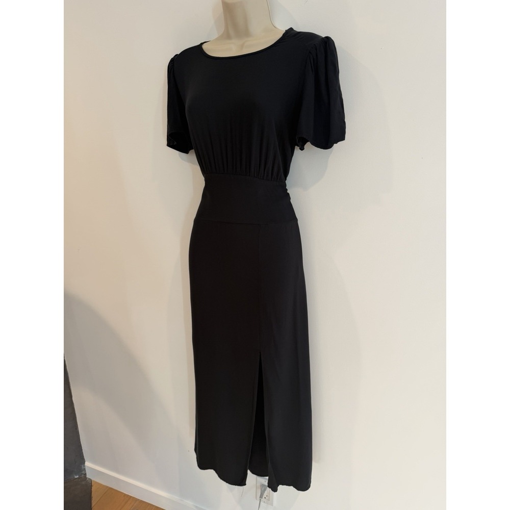 AFRM Jamie Midi Dress Lg Black Empire Waist Puff Sleeve Open Back Classic Retro - Picture 4 of 11